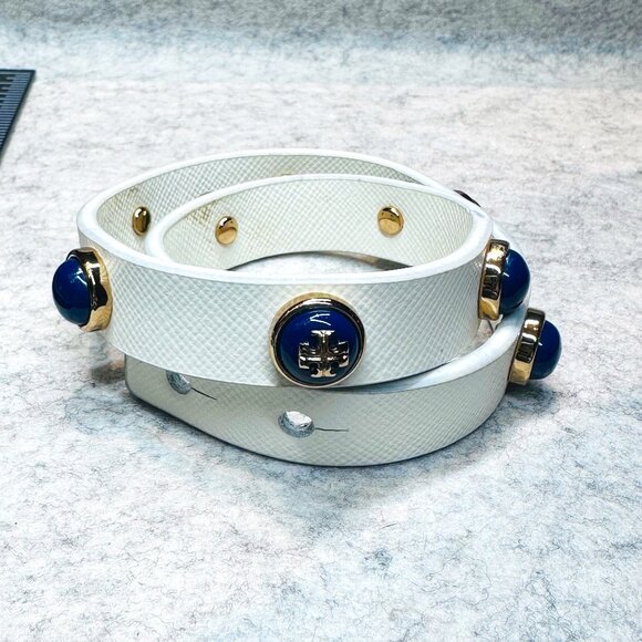 Tory Burch - Leather Double Wrap Blue Cabochon Logo Studded Bracelet - Picture 4 of 8